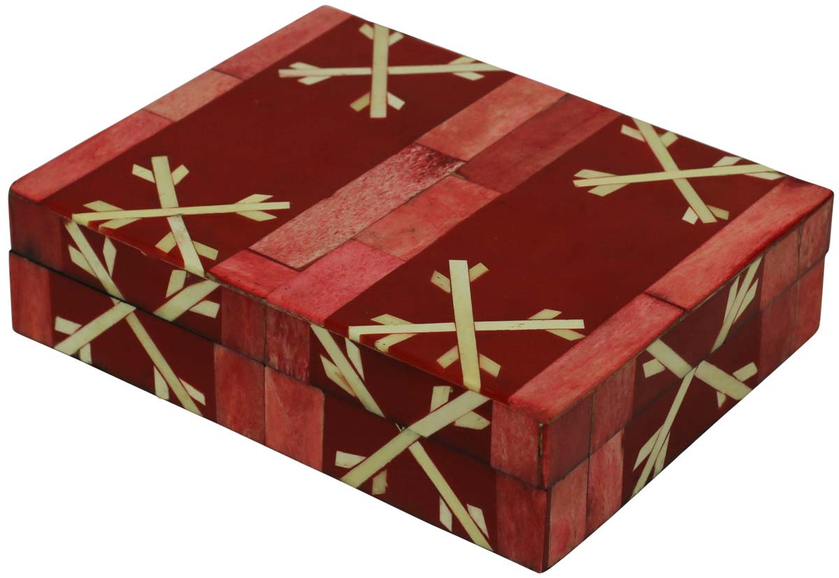 Bulk Buy Rectangular 8x6.5” MDF Jewelry Box - Wholesale Red & Off-White Jewelry Box/Trinket Box in MDF & Bone from India