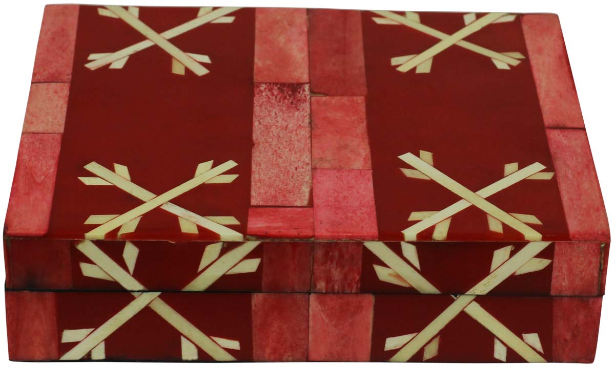 Bulk Buy Rectangular 8x6.5” MDF Jewelry Box - Wholesale Red & Off-White Jewelry Box/Trinket Box in MDF & Bone from India
