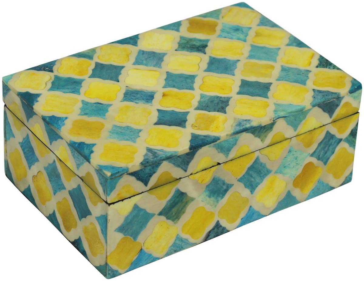Bulk Buy Rectangular 6x4” MDF Jewelry Box - Wholesale Yellow & Blue Jewelry Box/Trinket Box in MDF & Bone from India