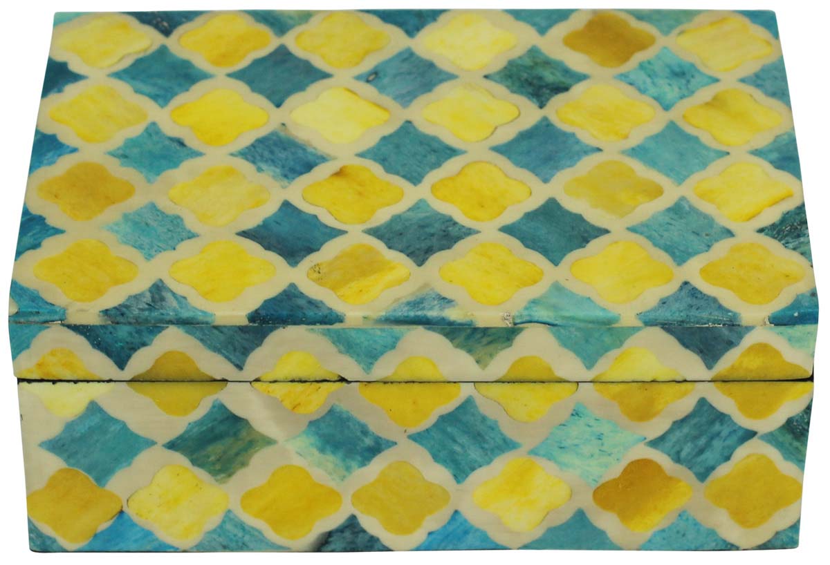 Bulk Buy Rectangular 6x4” MDF Jewelry Box - Wholesale Yellow & Blue Jewelry Box/Trinket Box in MDF & Bone from India