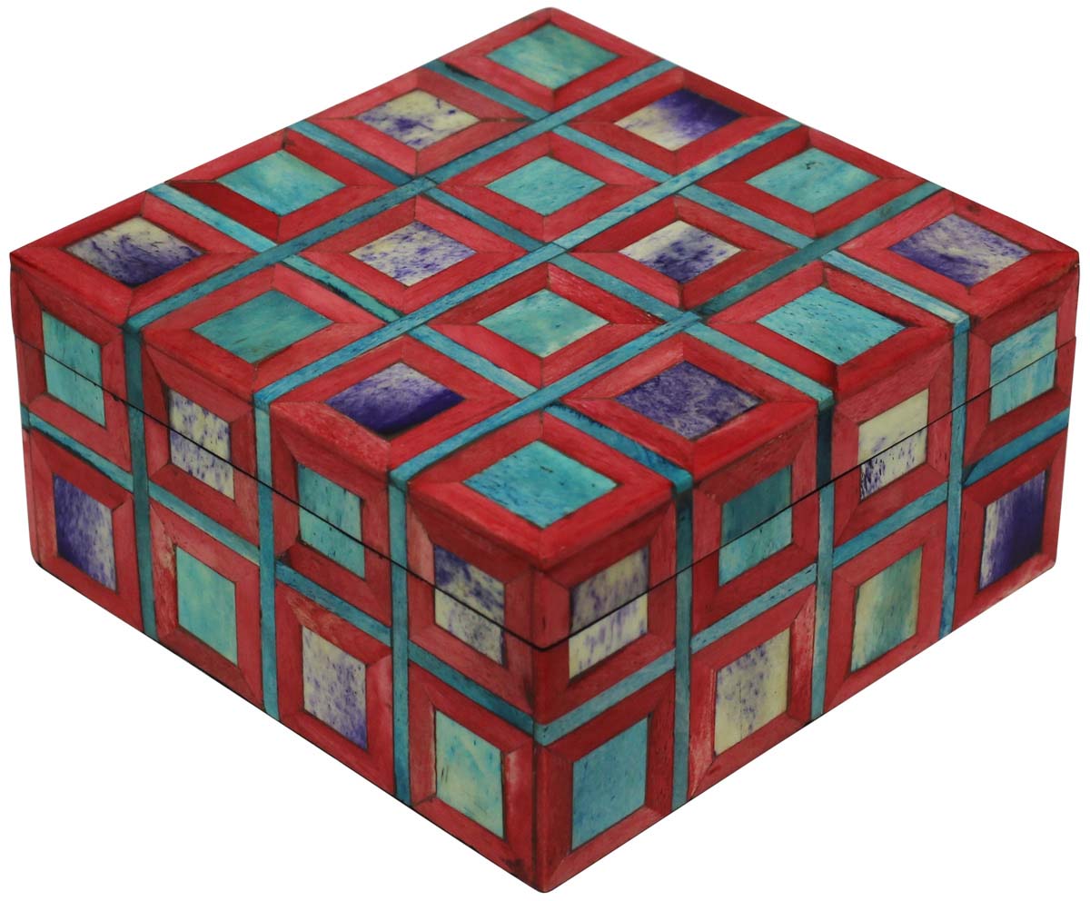 Source 6” Square Jewelry Box in Bulk - Wholesale Handmade Square Grid Pattern Jewelry Box/Trinket Box in MDF & Bone from India