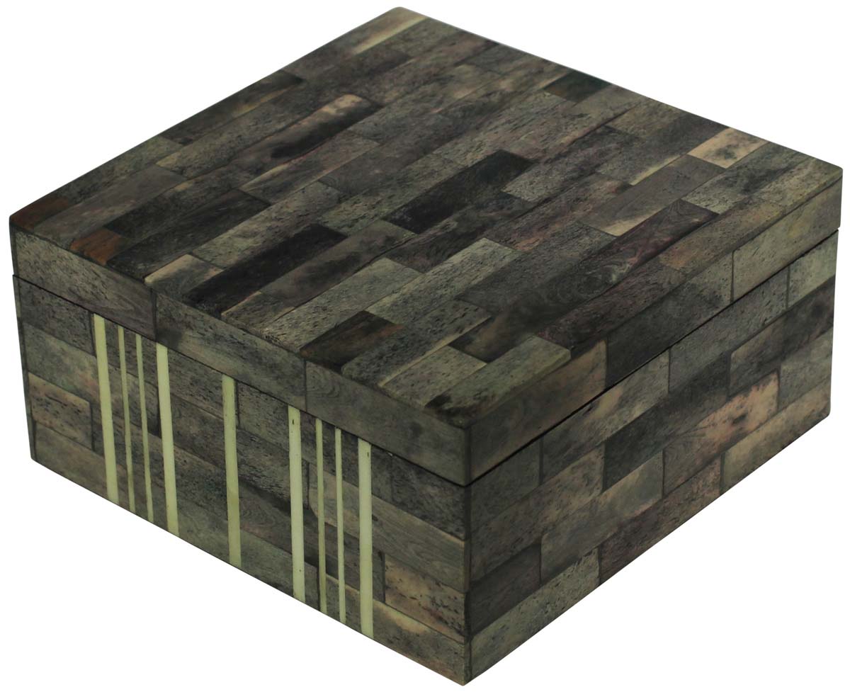 Square Shaped 6.2” MDF Jewelry Box in Bulk - Wholesale Gray Jewelry Box/Trinket Box in MDF & Bone from India