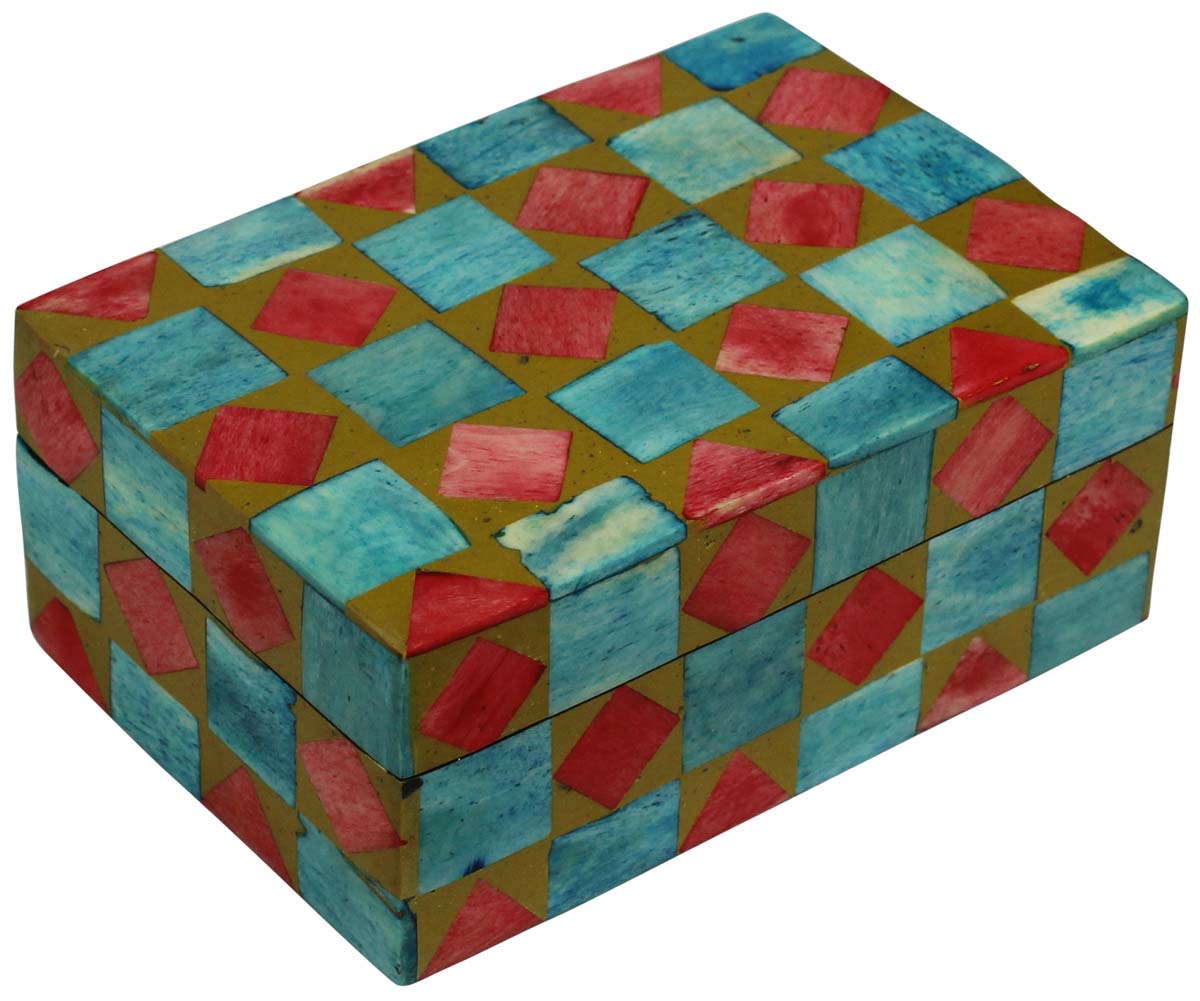 Source 6.5x4.5” Jewelry Box in Bulk - Wholesale Rectangular Handmade Multicolored Geometric Patterns Jewelry Box/Trinket Box in MDF & Bone from India