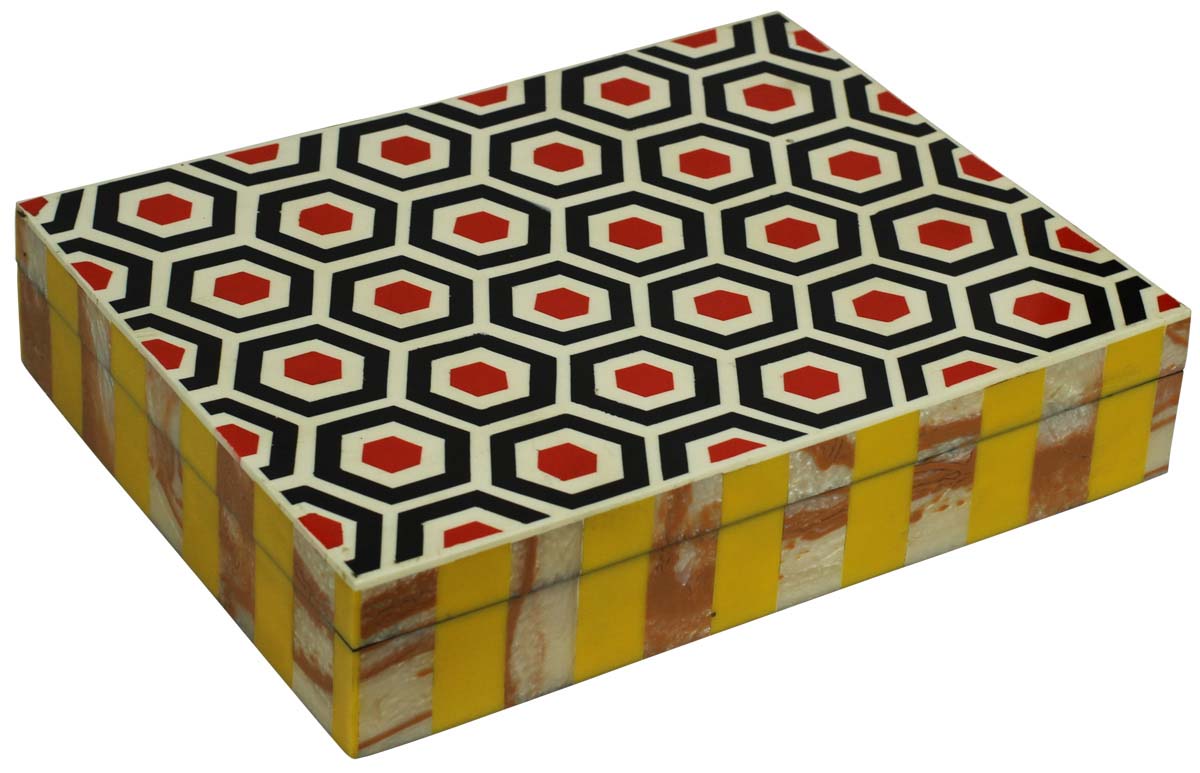 Wholesale 11x8.5” Jewelry Box in Bulk - Source Rectangular Shaped Handmade Hexagonal Pattern Jewelry Box/Trinket Box in MDF & Resin from India