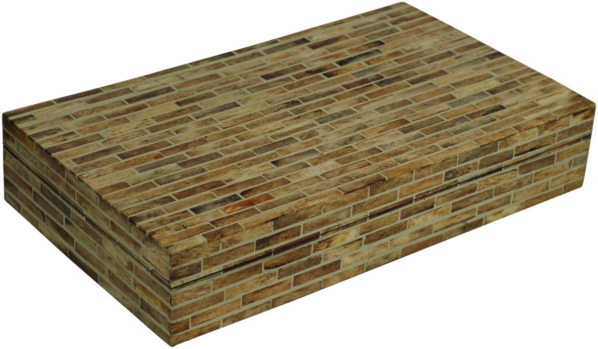 Bulk Buy Brown Rectangular 13x7.5” MDF Jewelry Box - Wholesale Running Bond Brick Pattern Jewelry Box/Trinket Box in MDF & Bone from India