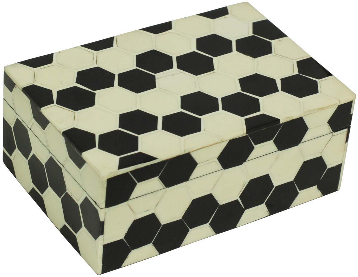 Wholesale 6.2x4.2” Rectangular Shaped Jewelry Box in Bulk - Source Handmade Black & White Honeycomb Pattern Jewelry Box/Trinket Box in MDF &Resin from India