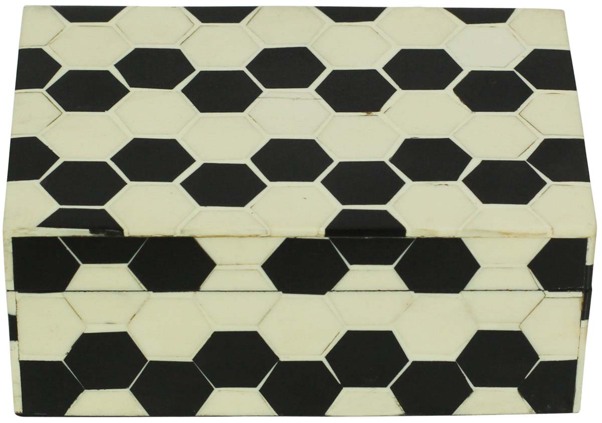Wholesale 6.2x4.2” Rectangular Shaped Jewelry Box in Bulk - Source Handmade Black & White Honeycomb Pattern Jewelry Box/Trinket Box in MDF &Resin from India
