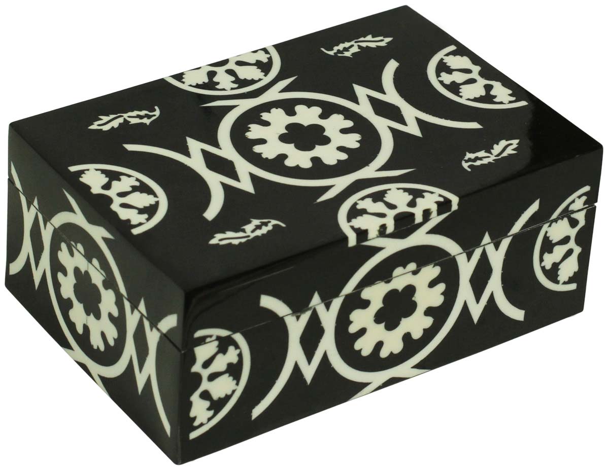 Black Rectangular Shaped 6x4” MDF Jewelry Box in Bulk - Wholesale White Motifs Jewelry Box/Trinket Box in MDF & Resin from India