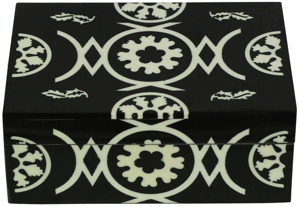 Black Rectangular Shaped 6x4” MDF Jewelry Box in Bulk - Wholesale White Motifs Jewelry Box/Trinket Box in MDF & Resin from India