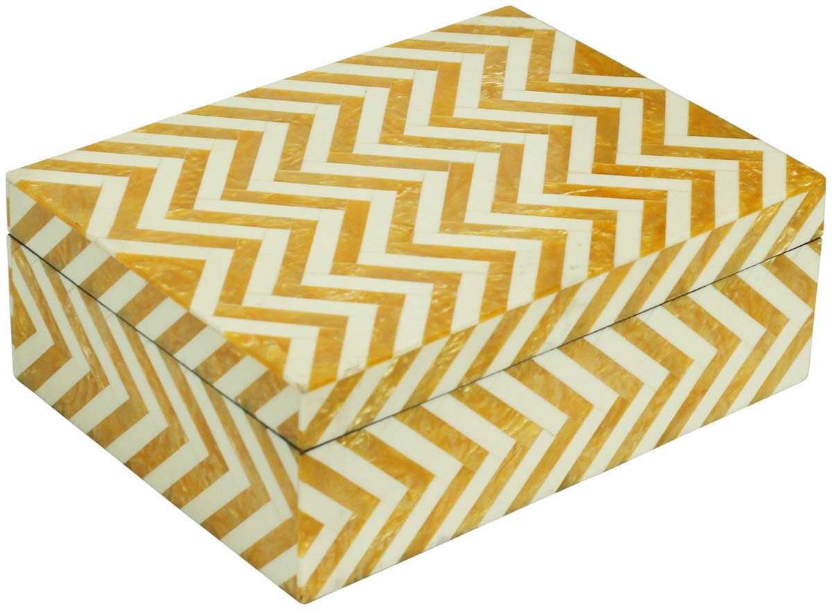 Bulk Buy Rectangular 8x6” MDF Jewelry Box - Wholesale Yellow & White Chevron Pattern Jewelry Box/Trinket Box in MDF & Resin from India