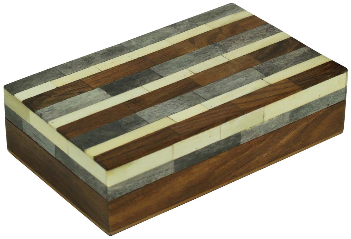 Rectangular Shaped 8x5” MDF Jewelry Box in Bulk - Wholesale Gray, Brown & Off-White Stripes Jewelry Box/Trinket Box in MDF & Bone from India