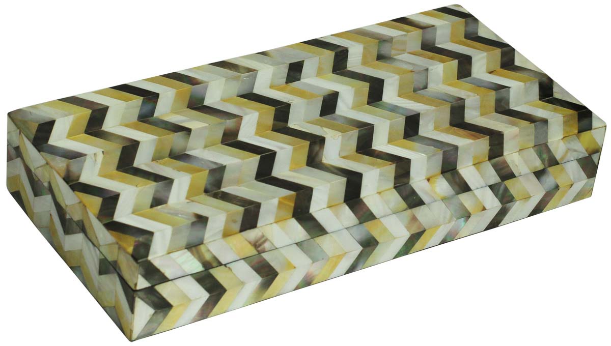 Rectangular Shaped 10.5x5” Jewelry Box in Bulk - Wholesale Off-White, Gray & Yellow Chevron Pattern Jewelry Box/Trinket Box in MDF & Mother of Pearl from India