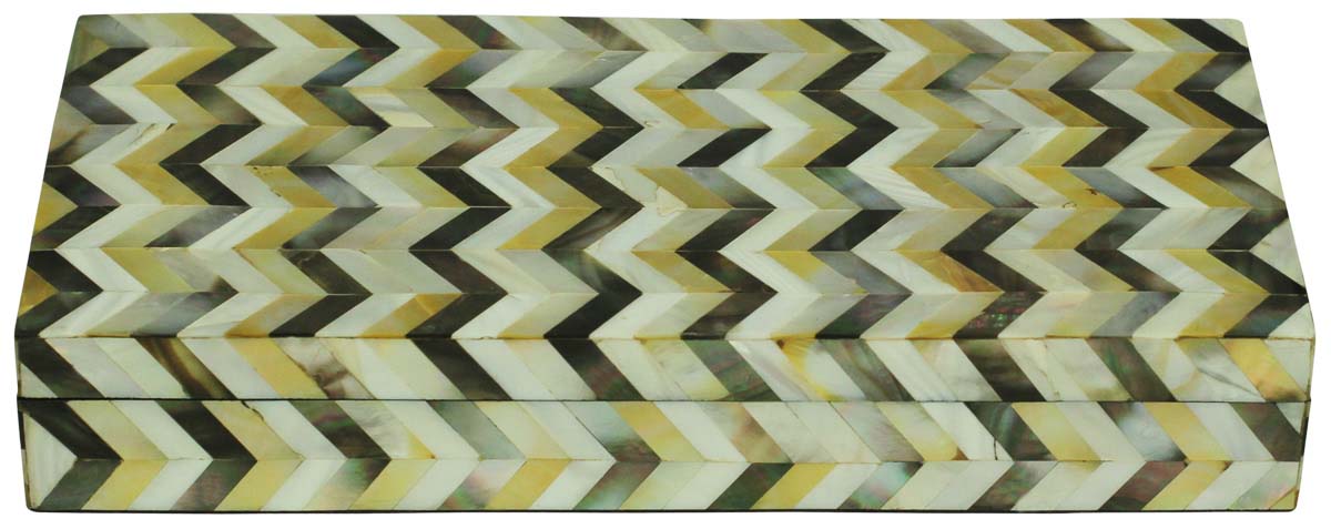 Rectangular Shaped 10.5x5” Jewelry Box in Bulk - Wholesale Off-White, Gray & Yellow Chevron Pattern Jewelry Box/Trinket Box in MDF & Mother of Pearl from India