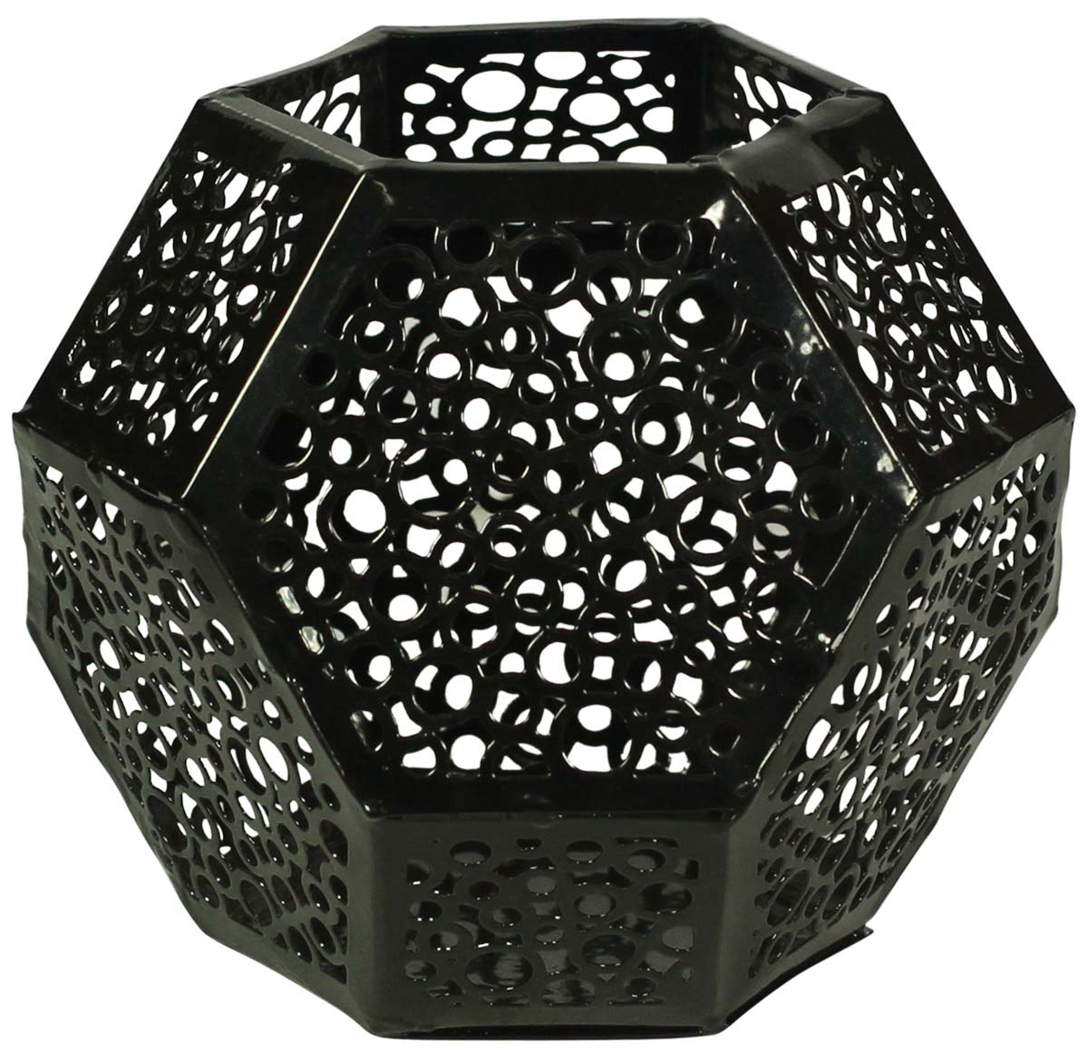 Polygon-Shaped Black Tea-Light Candle Holder in Metal - Intricate Cut-Out Patterning - Unique Candle Stands - Buy in Bulk Wholesale