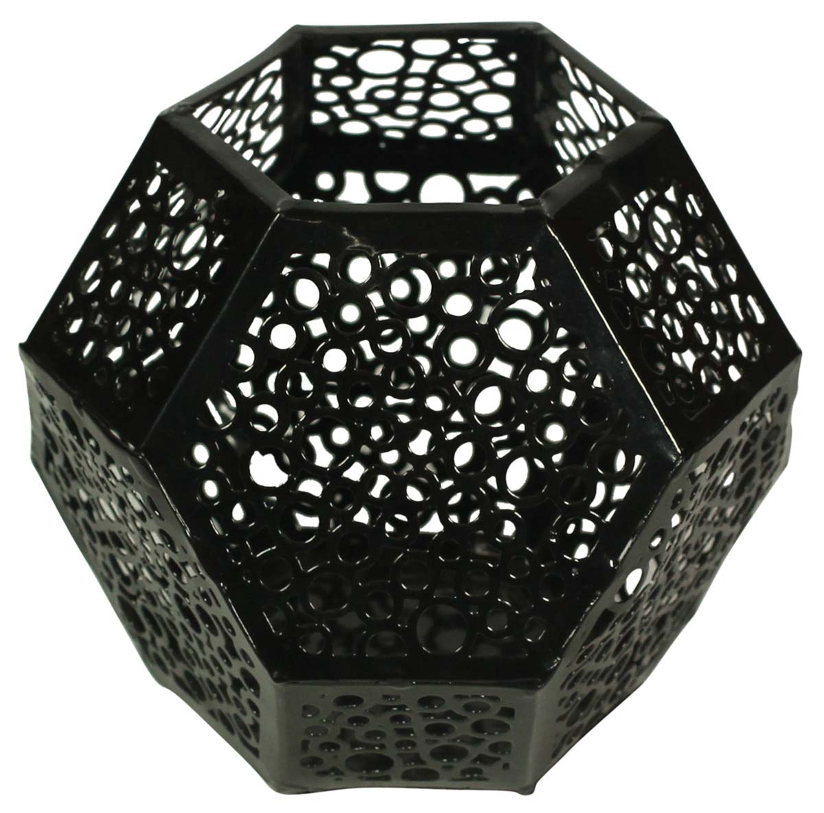 Polygon-Shaped Black Tea-Light Candle Holder in Metal - Intricate Cut-Out Patterning - Unique Candle Stands - Buy in Bulk Wholesale
