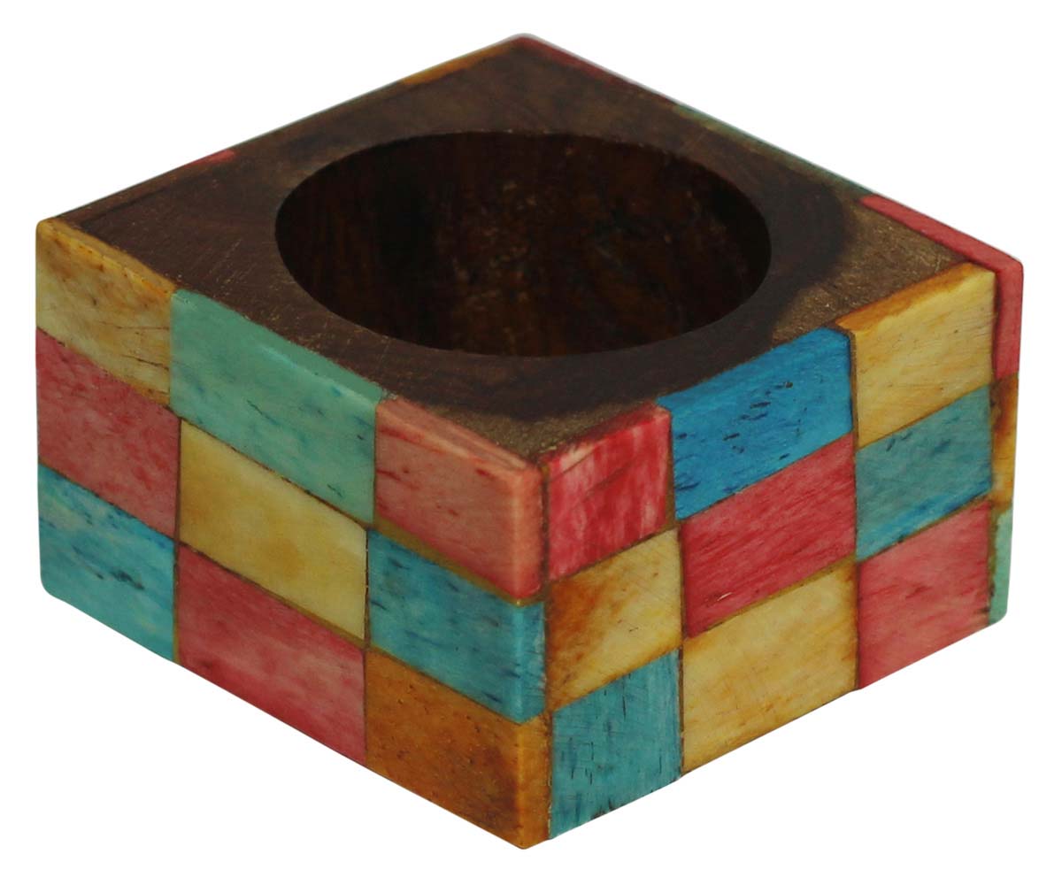 Buy in Bulk Wholesale Square-Shaped Napkin Ring in Bone & Wood - Multicolored Brick Pattern - Dining Table Accessories