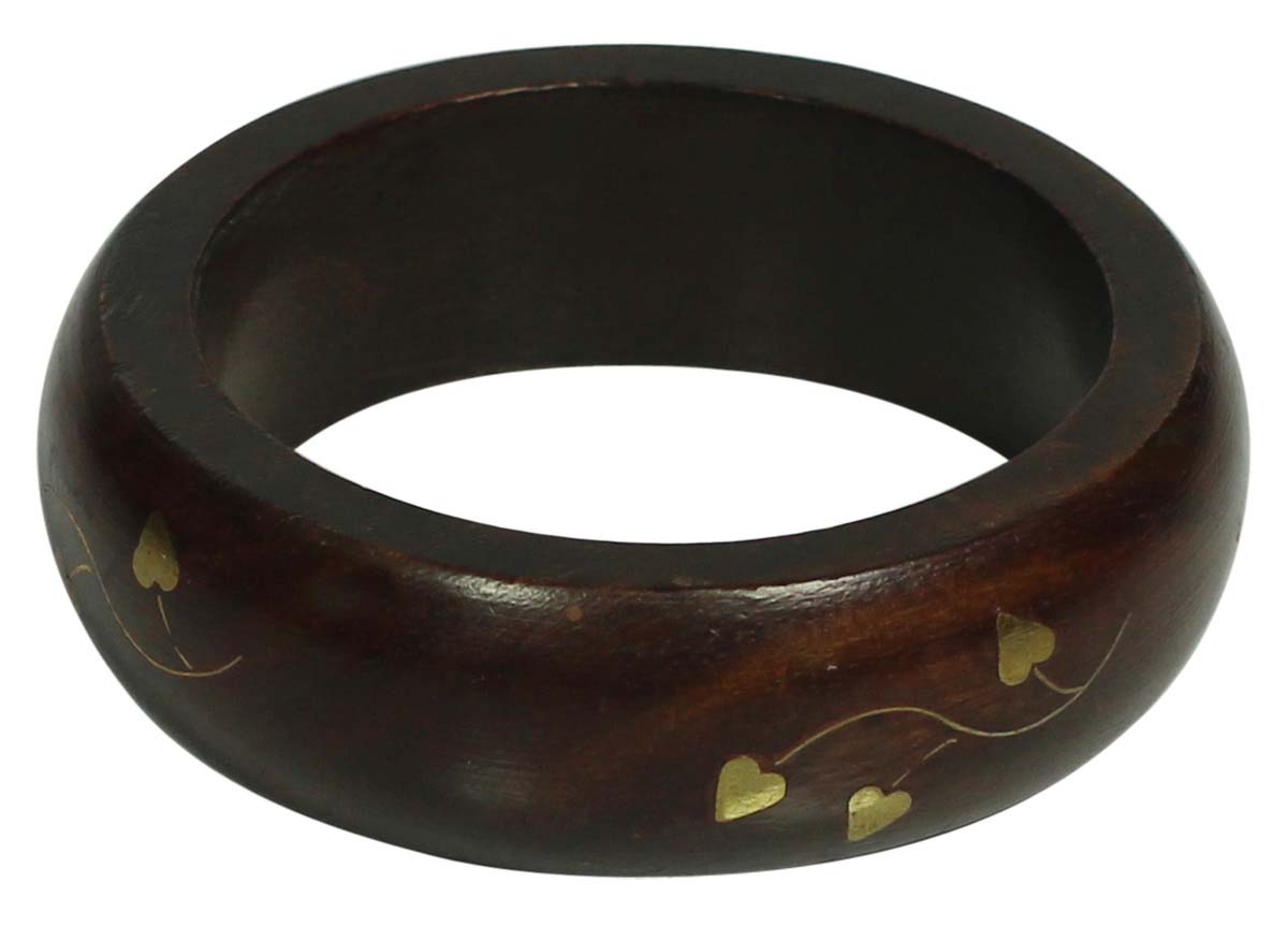 Wrist Bangle in Indian Wood - Heart Shaped Motifs - Vintage-Look Jewelry / Fashion Accessories - Buy in Bulk Wholesale