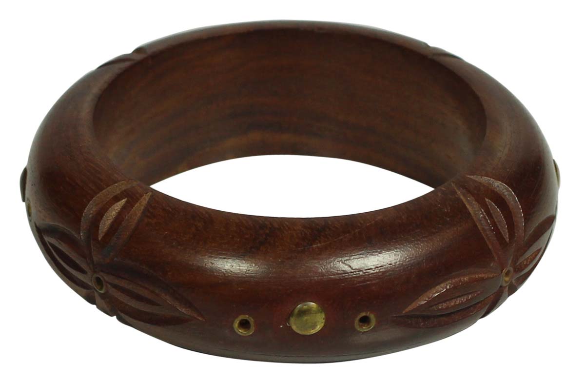 Wrist Bangle in Indian Wood - Flower Motifs - Vintage-Look Jewelry / Fashion Accessories - Buy in Bulk Wholesale