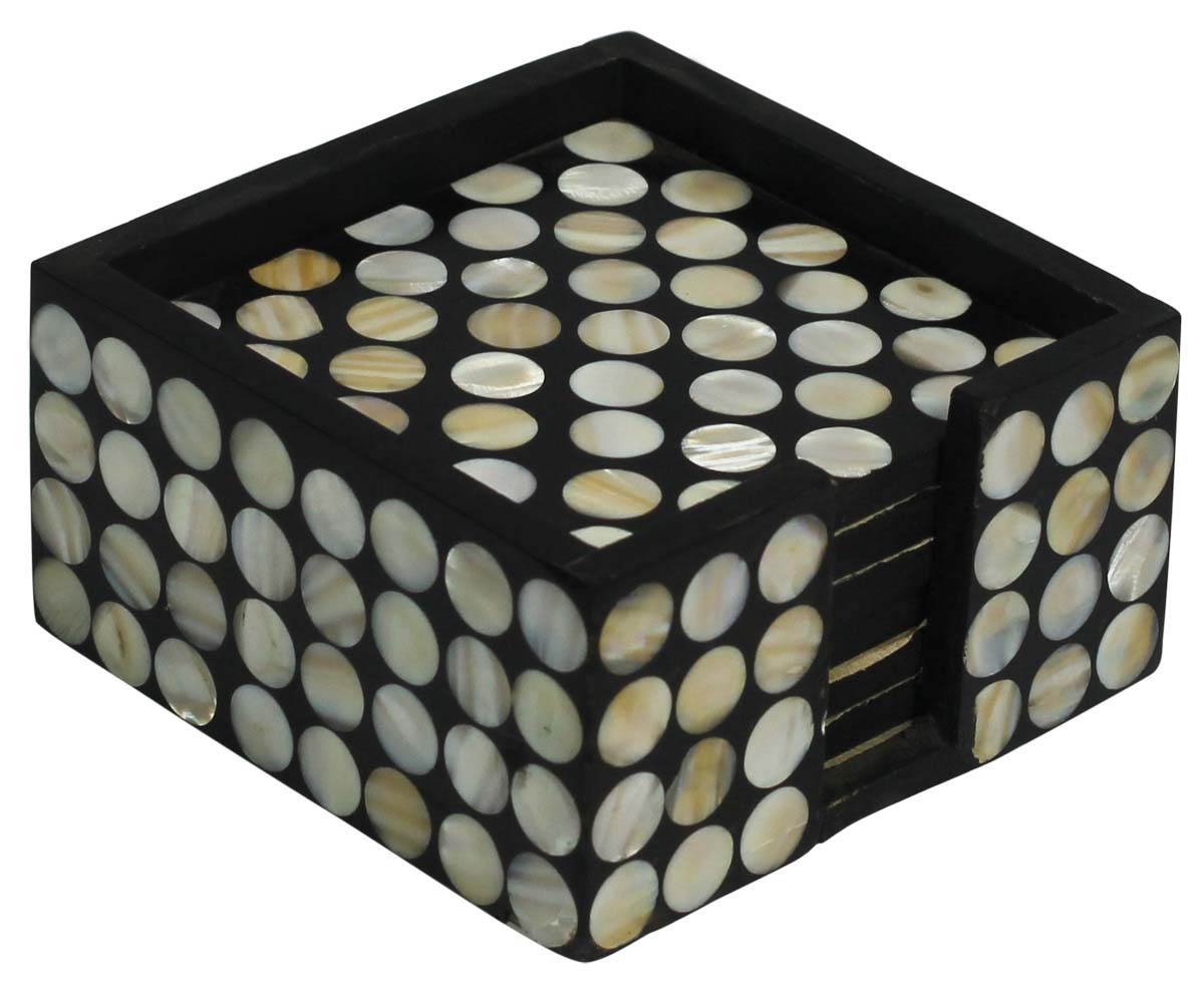 Buy in Bulk Wholesale Set of 6 Square-Shaped Drink Coasters with Holder - MDF & Mother of Pearl - Table-Top Accessories
