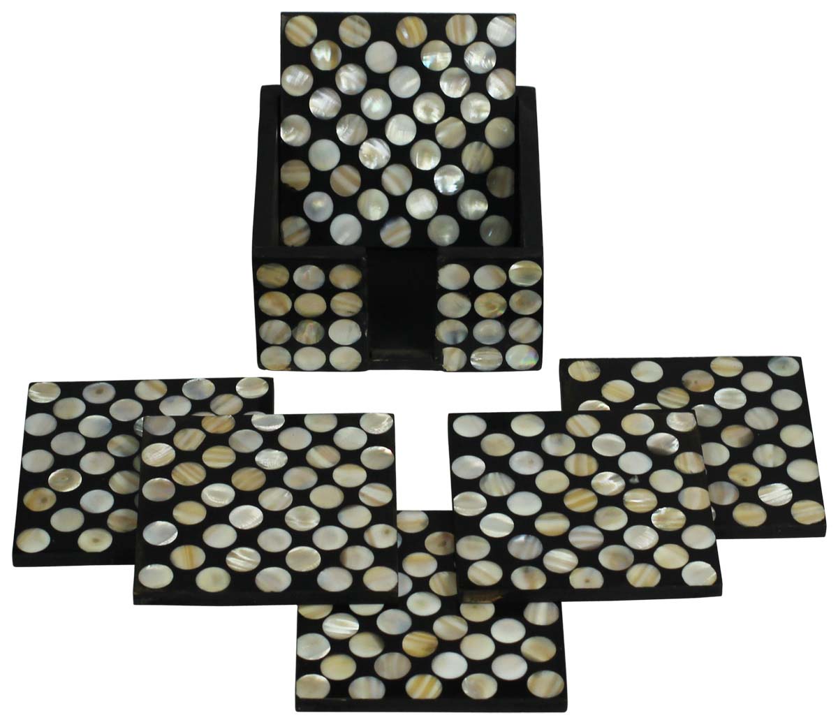 Buy in Bulk Wholesale Set of 6 Square-Shaped Drink Coasters with Holder - MDF & Mother of Pearl - Table-Top Accessories