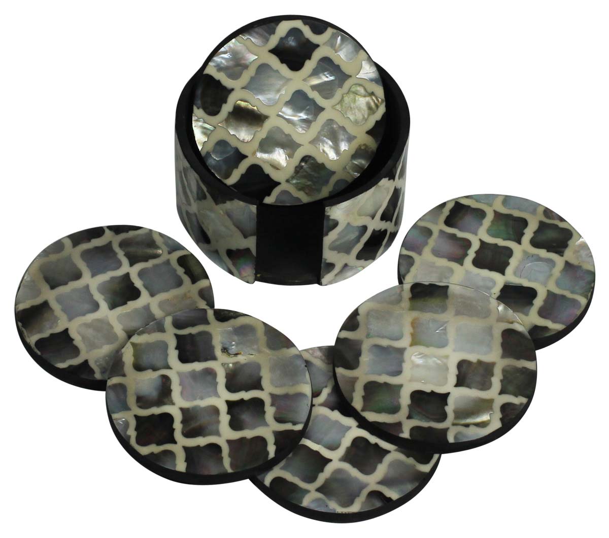 Buy in Bulk Wholesale Set of 6 Drink Coasters with Holder Circle-Shaped in MDF & Mother of Pearl - Black & Silver Color - Table-Top Accessories