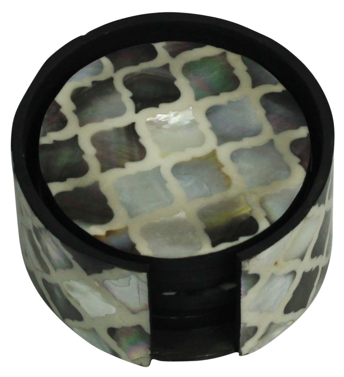 Buy in Bulk Wholesale Set of 6 Drink Coasters with Holder Circle-Shaped in MDF & Mother of Pearl - Black & Silver Color - Table-Top Accessories