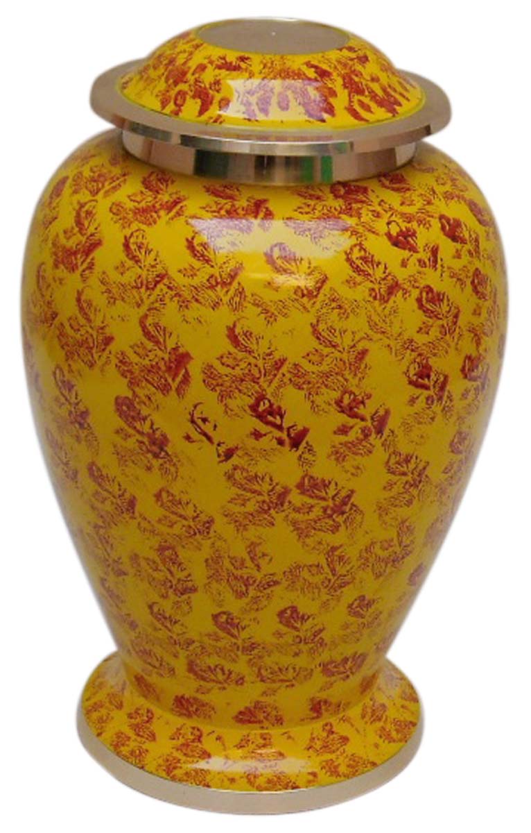 10” Yellow Red Brass Cremation Urn – Floral Pattern – Hand-Crafted – Antique-Look Urns for Ashes at Wholesale