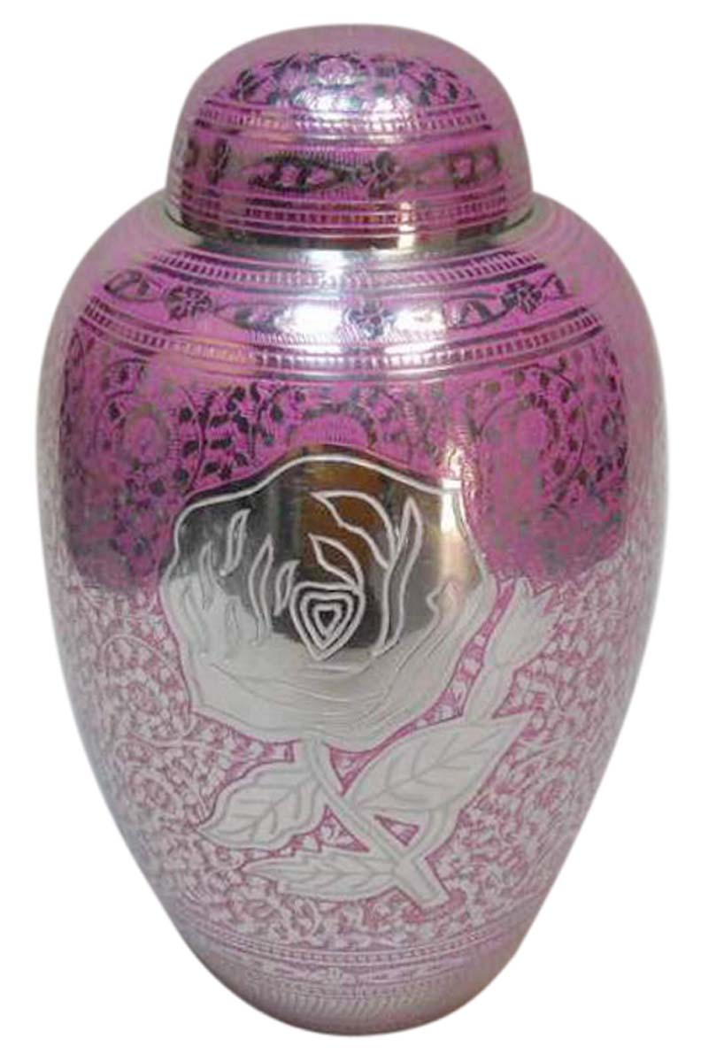 10” Brass Cremation Urn – Etched Floral Pattern – Silver & Pink Tone - Hand-Crafted Urns for Ashes in Bulk at Wholesale
