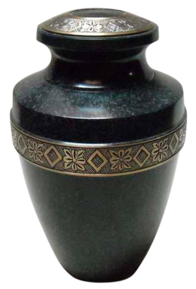 10” Black-Green Brass Cremation Urn – Etched Floral Motifs – Urns for Ashes at Wholesale