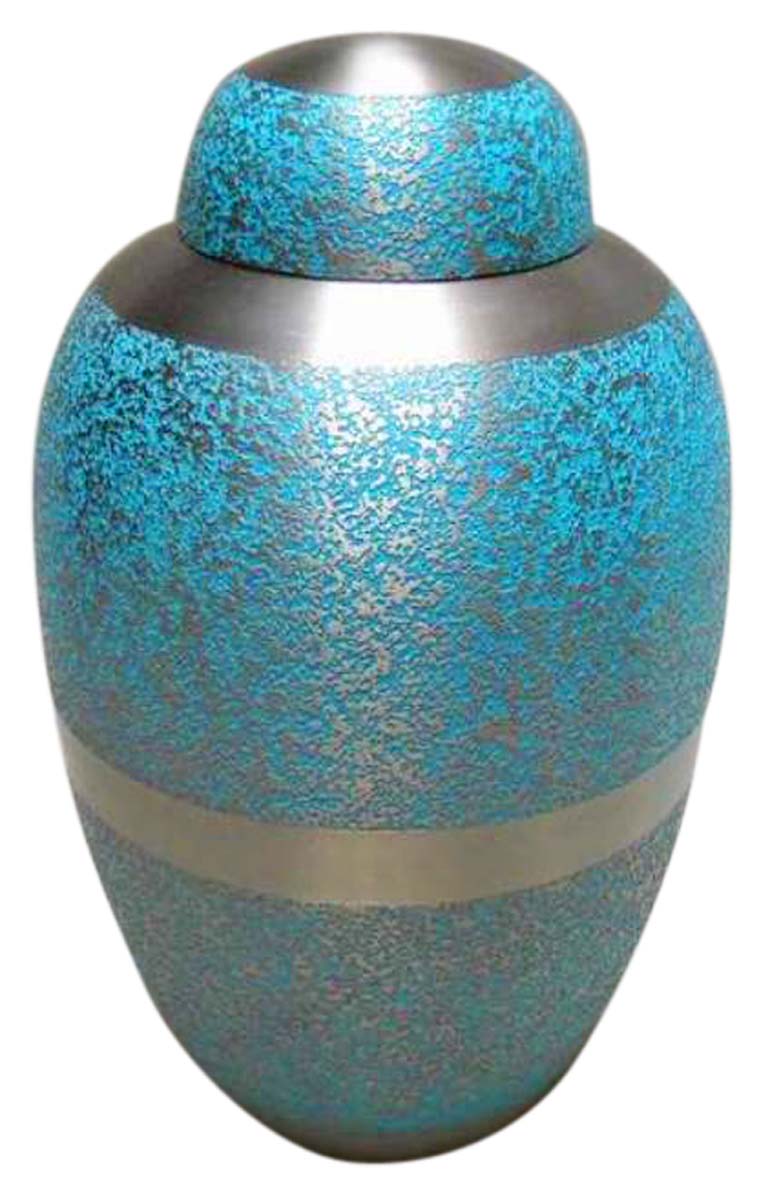 10” Textured Brass Cremation Urn – Sky-Blue with Silver Rings – Solid Urns for Ashes at Wholesale