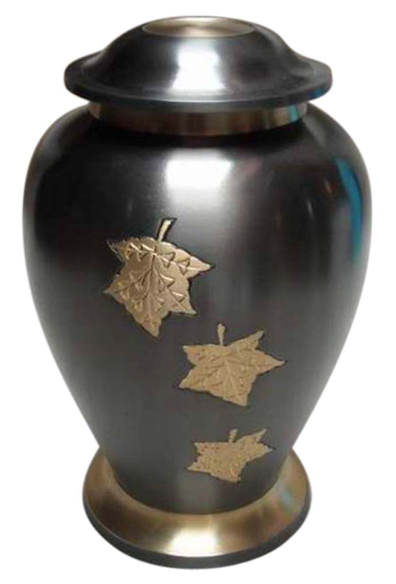 10” Maple-Leaves Brass Urn for Ashes – Black with Golden Etching – Cremation Urns in Bulk at Wholesale