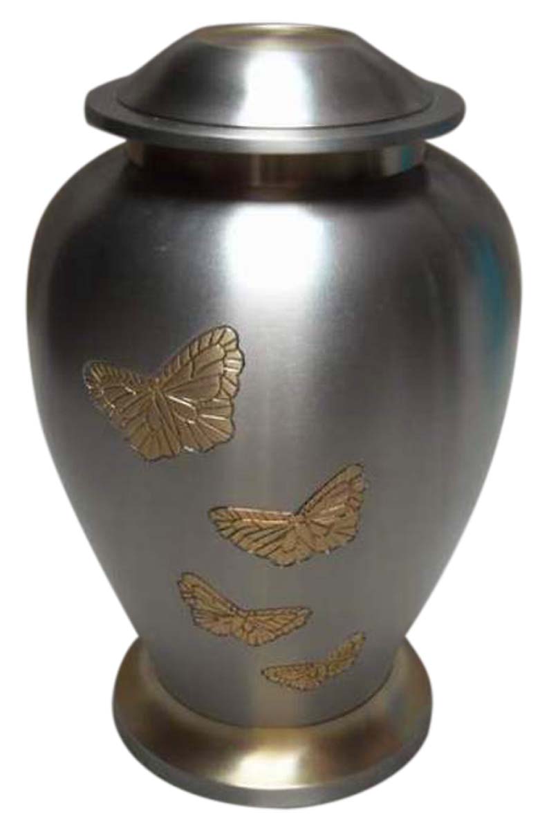 10” Butterfly Brass Urn for Ashes – Stone-Gray with Golden Etching – Cremation Urns in Bulk at Wholesale