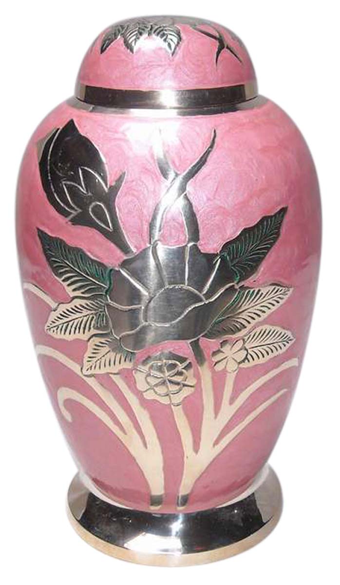 10” Floral Brass Urn for Ashes – Pink with Silver Etching – Cremation Urns in Bulk at Wholesale