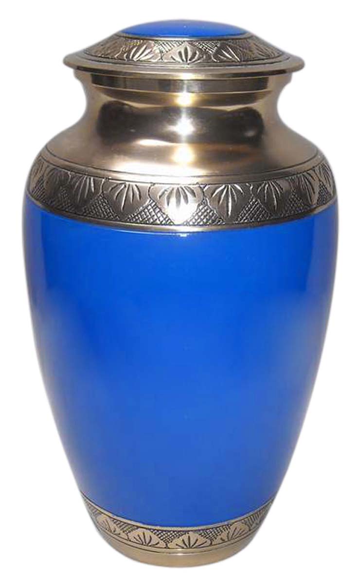 10” Brass Urn for Ashes – Cobalt-Blue with Floral Silver Etching – Cremation Urns in Bulk at Wholesale