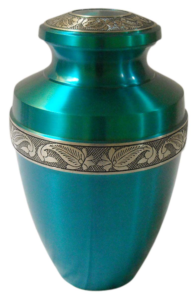 10” Brass Urn for Ashes – Turquoise-Blue with Floral Silver Etching – Cremation Urns in Bulk at Wholesale