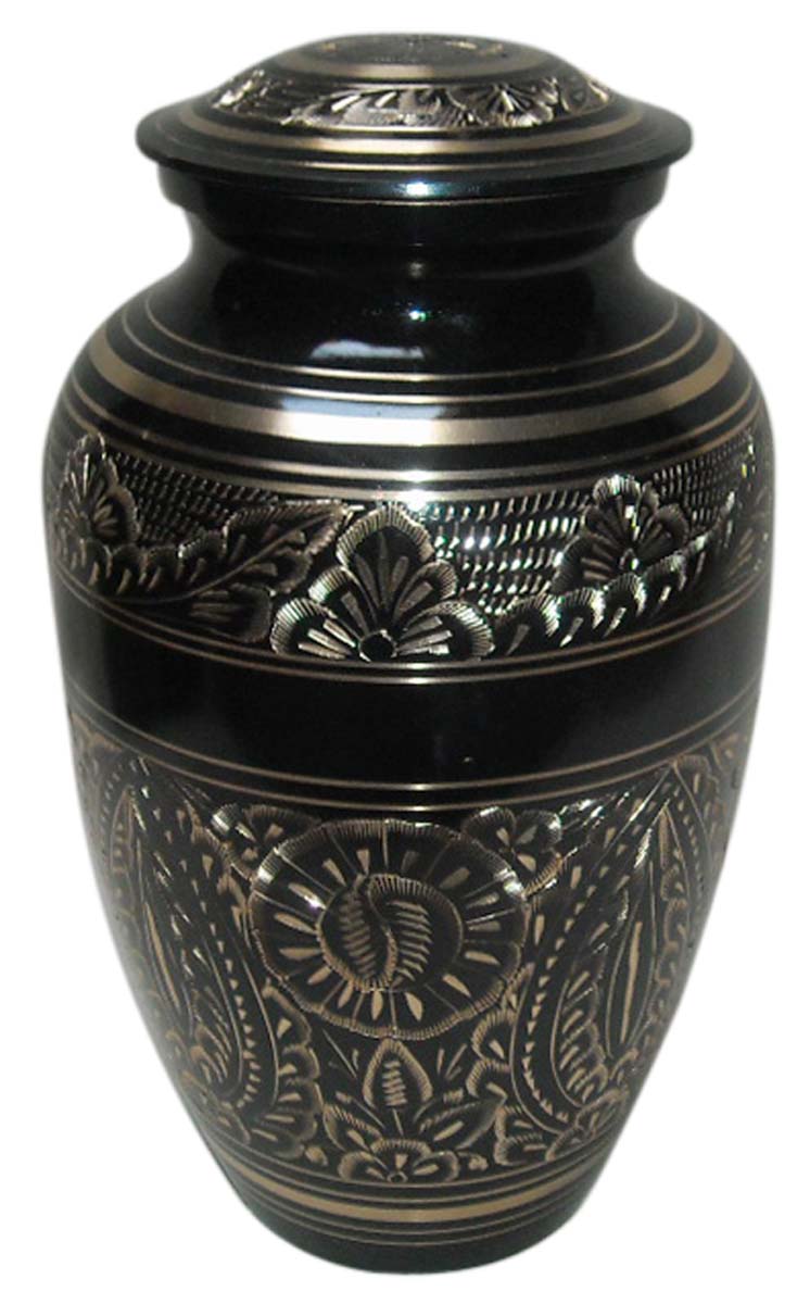 10” Brass Urn for Ashes – Black with Floral Silver Etching – Cremation Urns in Bulk at Wholesale