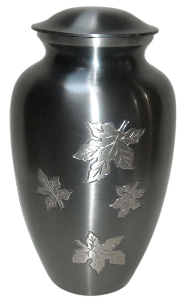 10” Maple Leaves Brass Urn for Ashes – Black with Silver Etching – Cremation Urns in Bulk at Wholesale