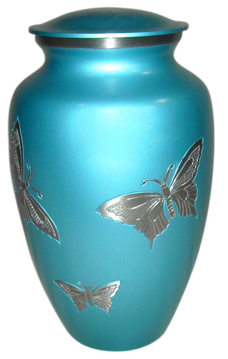 10” Butterfly Brass Urn for Ashes – Sky-Blue with Silver Etching – Cremation Urns in Bulk at Wholesale