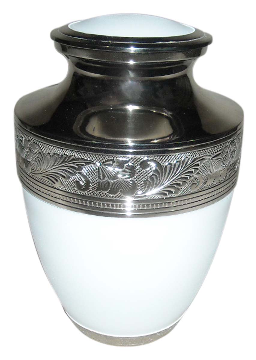 10” Brass Urn for Ashes – White Black with Floral Etching – Cremation Urns in Bulk at Wholesale