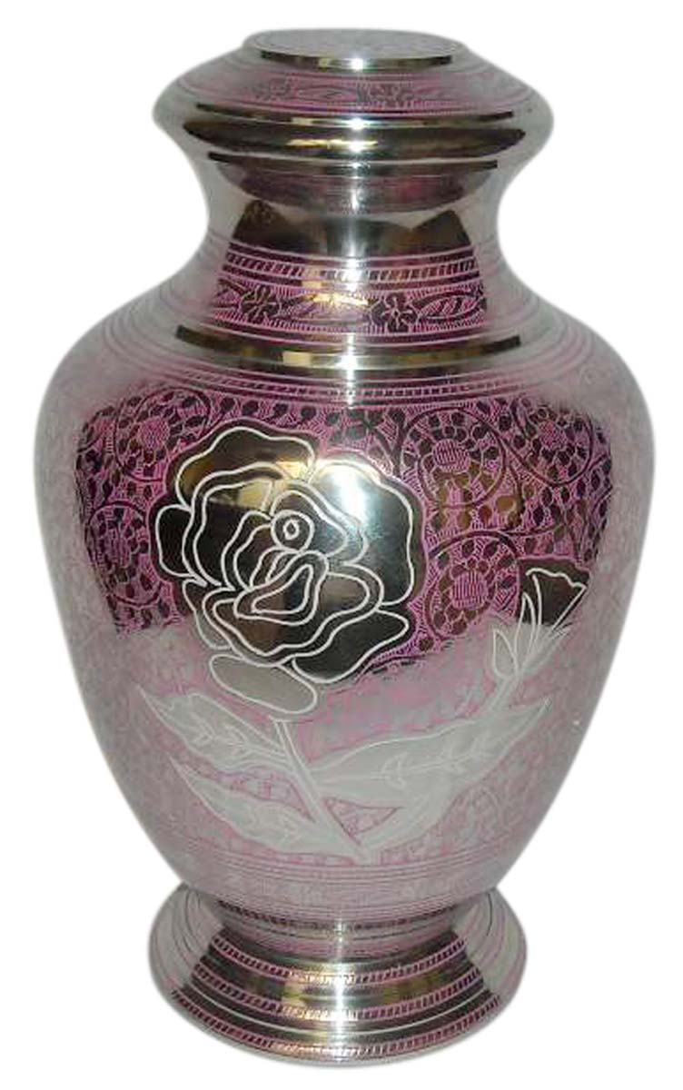 10” Brass Urn for Ashes – Pink Silver with Floral Etching – Cremation Urns in Bulk at Wholesale