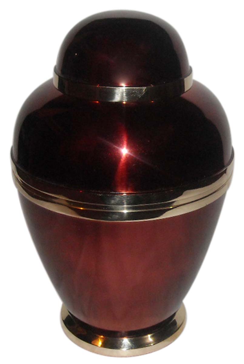 10” Maroon Brass Urn for Ashes with Golden Rings - Cremation Urns in Bulk at Wholesale