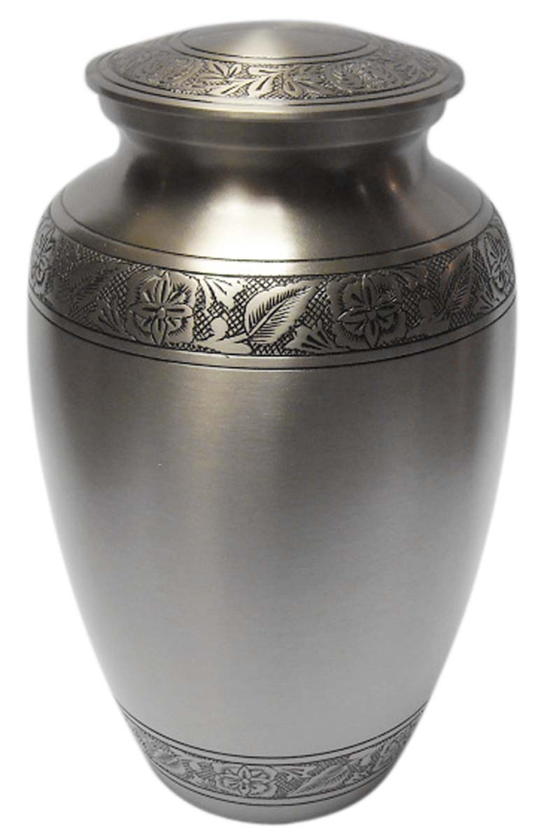 10” Brass Urn for Ashes – Steel-Gray with Floral Etching - Cremation Urns in Bulk at Wholesale