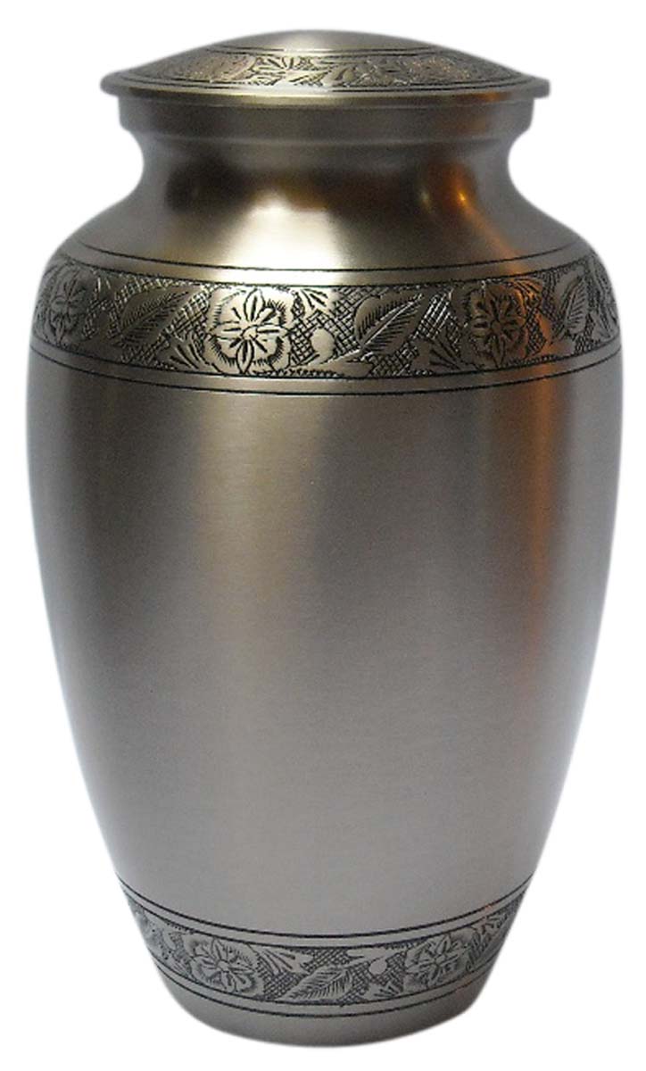 10” Brass Urn for Ashes – Steel-Gray with Floral Etching - Cremation Urns in Bulk at Wholesale