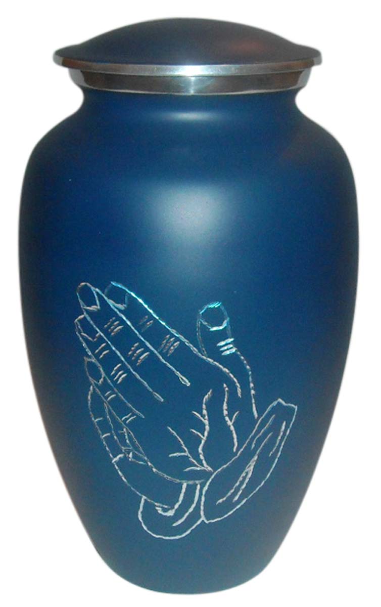 10” Blue Brass Cremation Urn – Etched Praying Hands – Hand-Crafted – Thoughtful Urns for Ashes at Wholesale