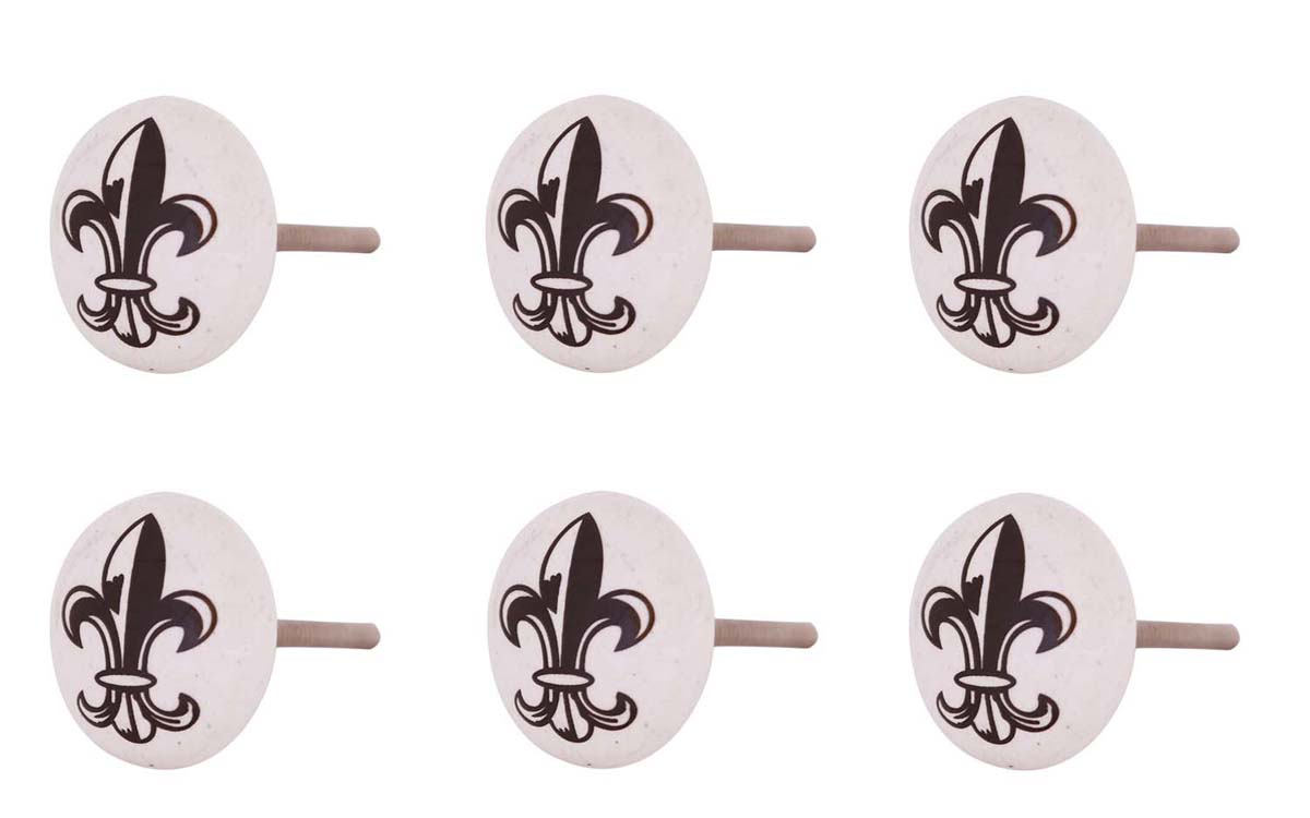 Bulk Wholesale Set of 6 Cabinet Door / Drawer Round Ceramic Knobs / Pulls / Handles, Hand-Painted in White Color with ‘Fleur De Lis’ Motif – Handmade Decorative Handles – Home Décor