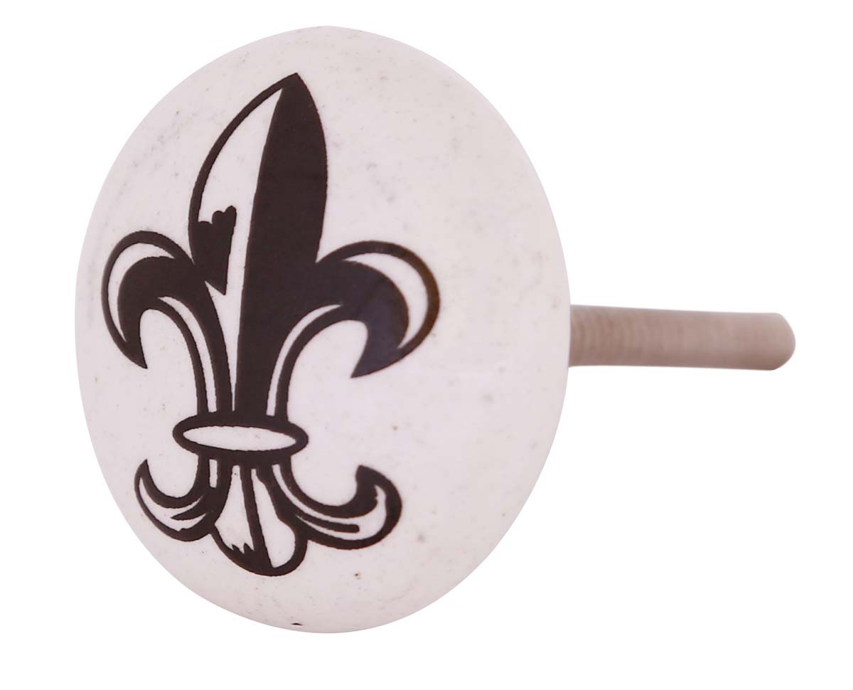 Bulk Wholesale Set of 6 Cabinet Door / Drawer Round Ceramic Knobs / Pulls / Handles, Hand-Painted in White Color with ‘Fleur De Lis’ Motif – Handmade Decorative Handles – Home Décor