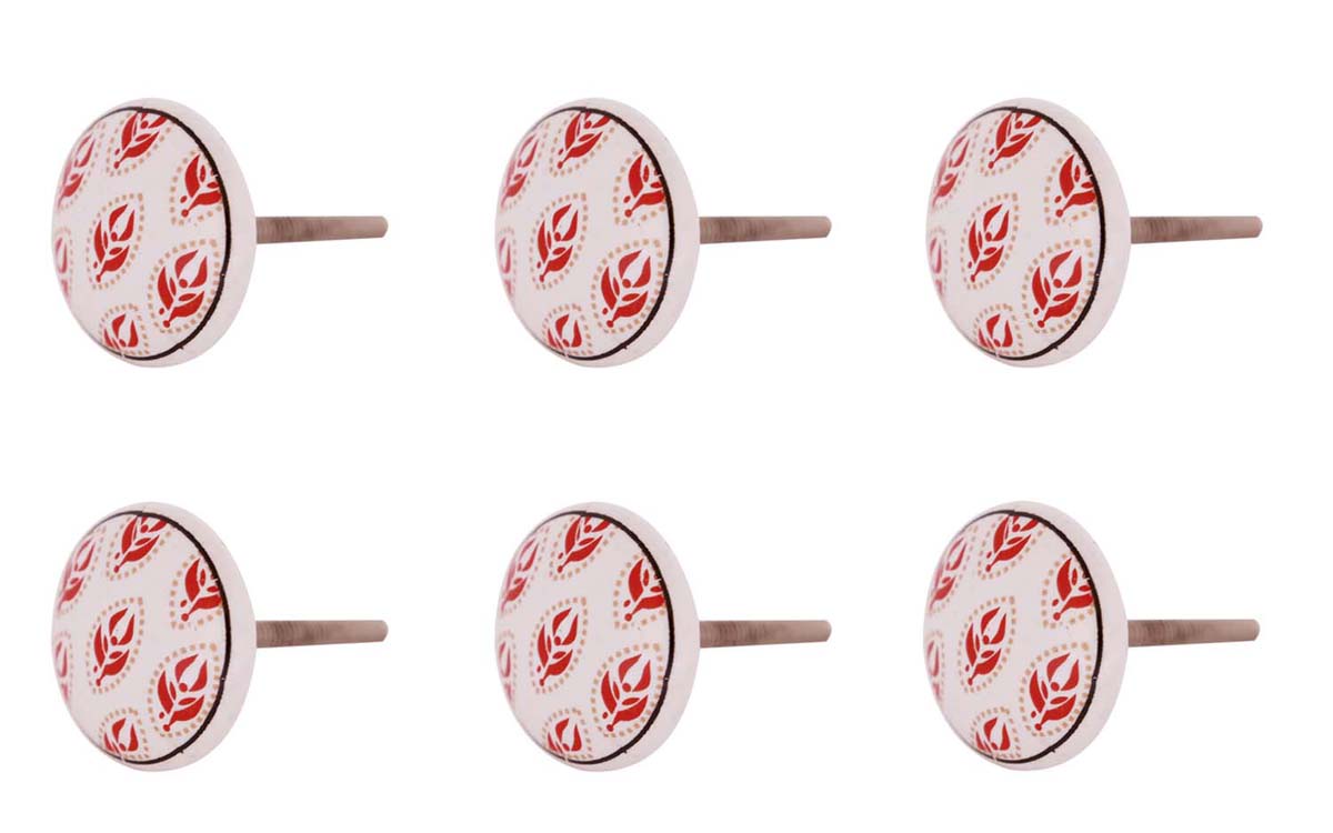 Bulk Wholesale Handmade White Color Set of 6 Round Ceramic Knobs  with a Red Color Leaf Motif – Knobs & Pulls for Drawers / Dressers / Cabinets – Ethnic-Look Home Décor