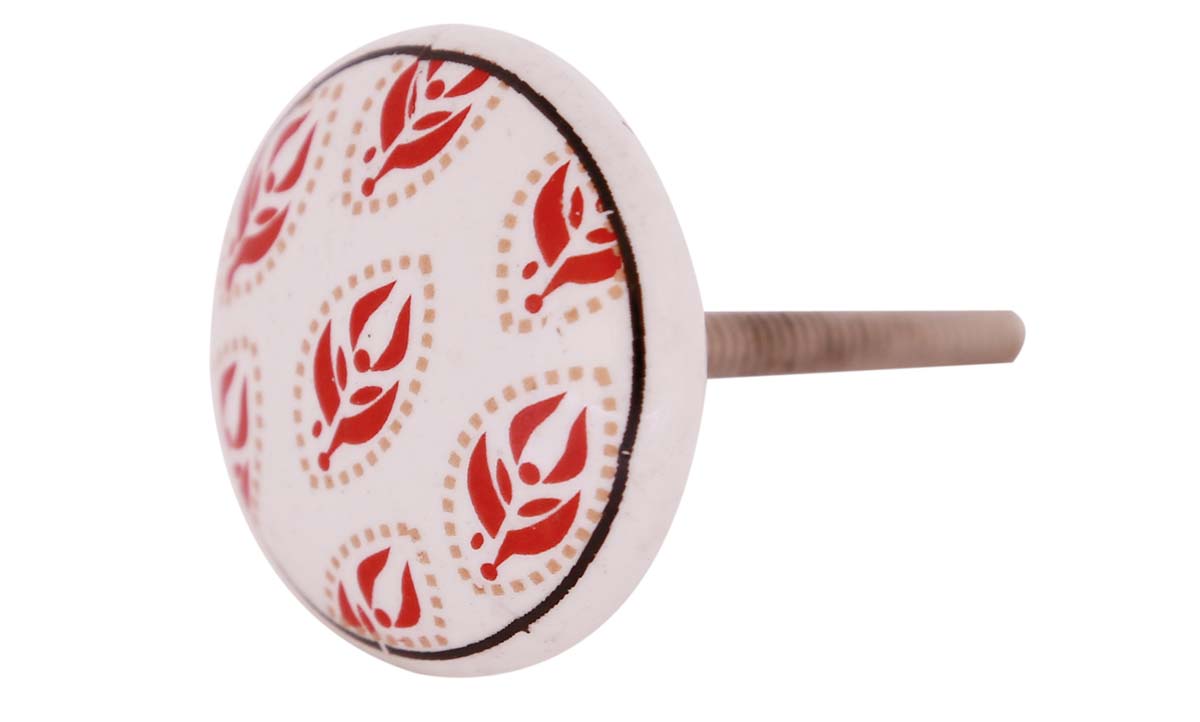 Bulk Wholesale Handmade White Color Set of 6 Round Ceramic Knobs  with a Red Color Leaf Motif – Knobs & Pulls for Drawers / Dressers / Cabinets – Ethnic-Look Home Décor