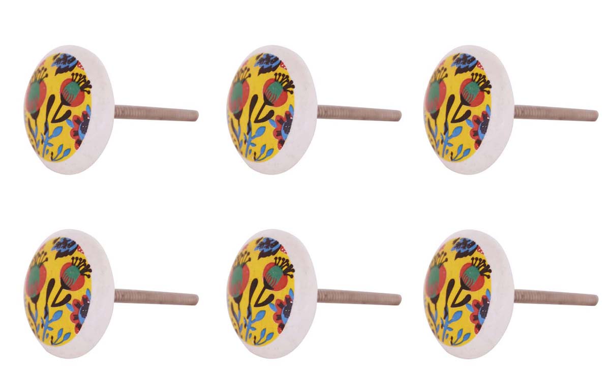 Bulk Wholesale Handmade Set of 6 White Color Round Ceramic Knobs  with a Multicolored Abstract Floral Motif – Knobs & Pulls for Drawers / Dressers / Cabinets – Ethnic-Look Home Décor
