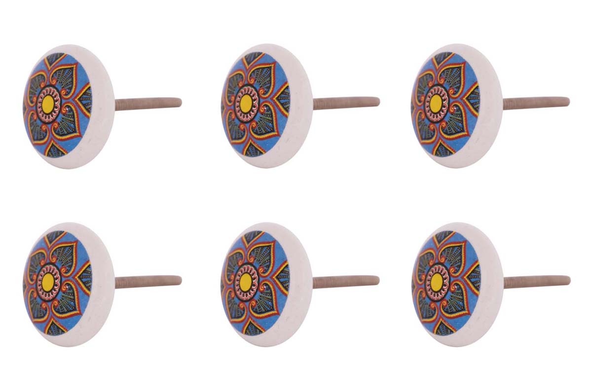 Bulk Wholesale Handmade Set of 6 Round Ceramic Drawer Knobs / Pulls  for Cabinets / Dressers / Doors Decorated with Colorful Traditional Motifs over a White Base – Home Décor